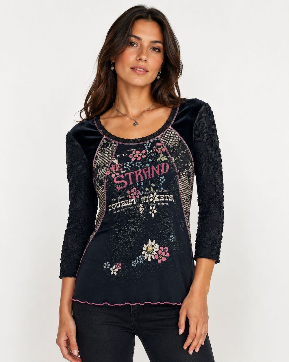 Vintage Y2K Edista Womens S The Strand Lace Velvet Graphic Top Made USA